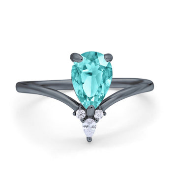 Pear Midi V Ring Wedding Ring Black Tone, Simulated Paraiba Tourmaline CZ 925 Sterling Silver